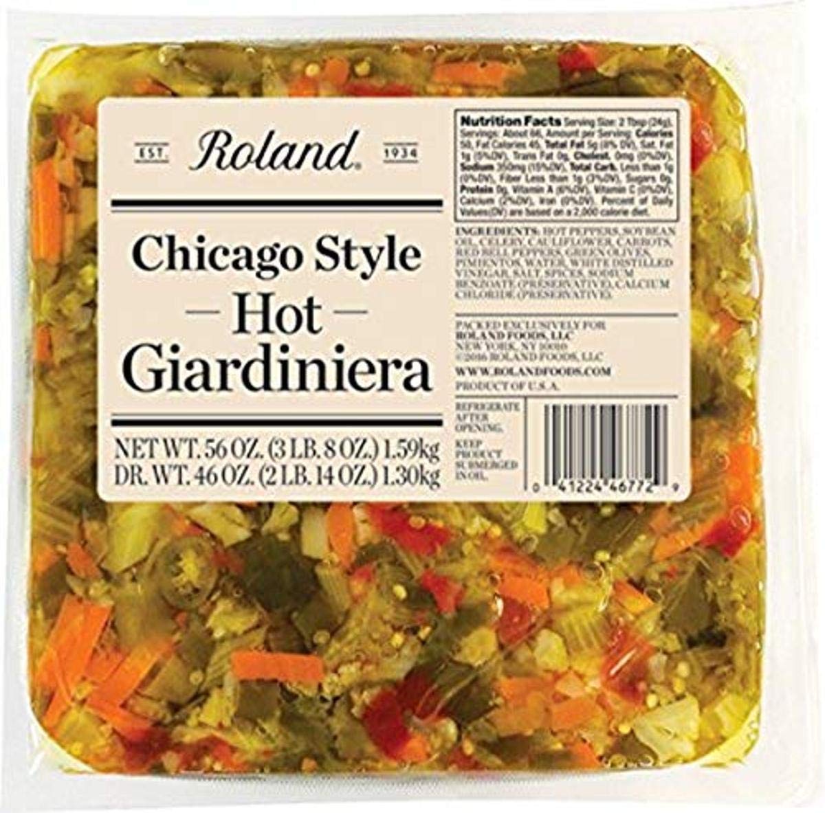 Roland Foods Chicago Style Hot Giardiniera, Italian Pepper Relish, Sourced in the USA, 56-Ounce Pouch