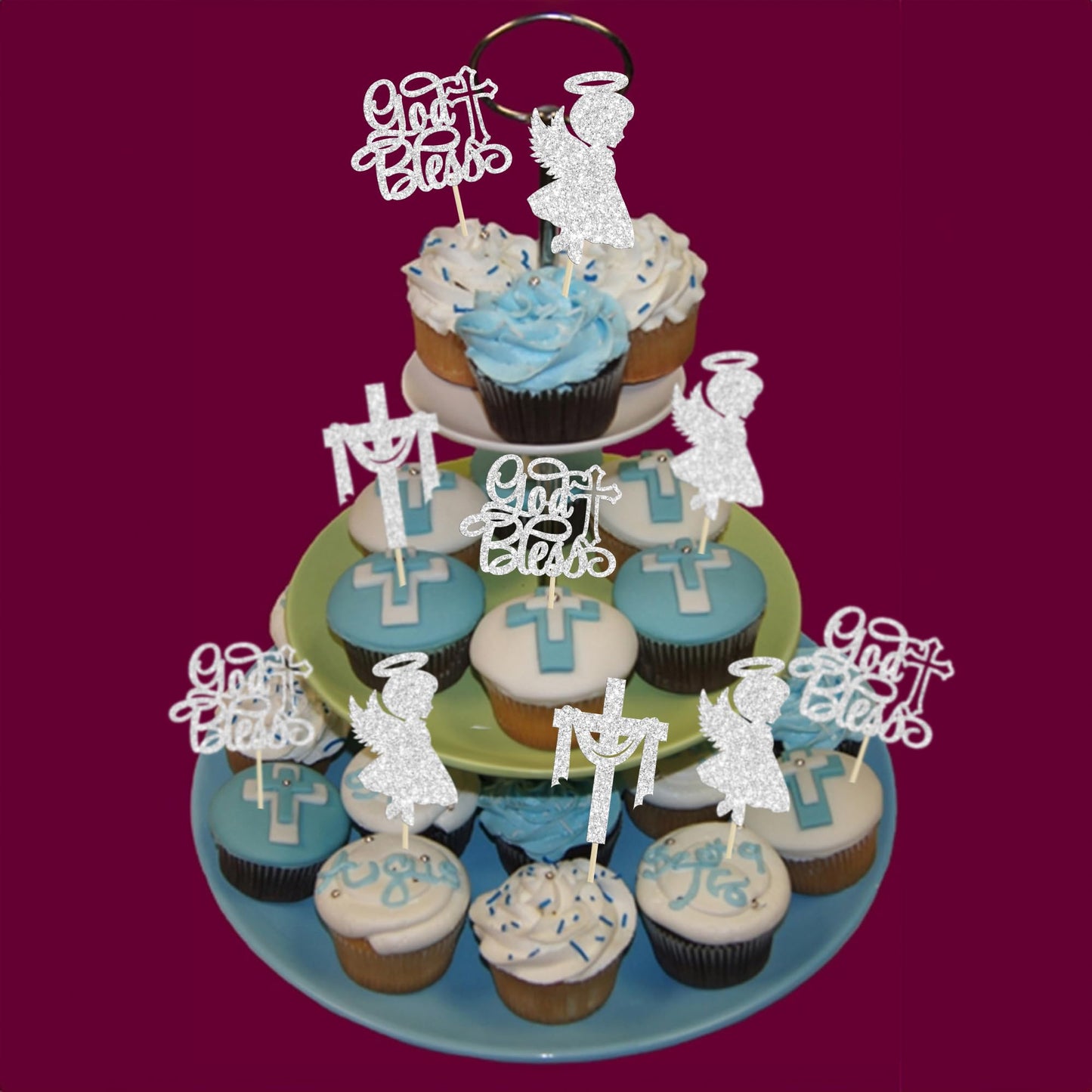 Gyufise Cupcake Toppers - 24Pcs Glitter Cross for Baptism and First Communion, Silver, Paper