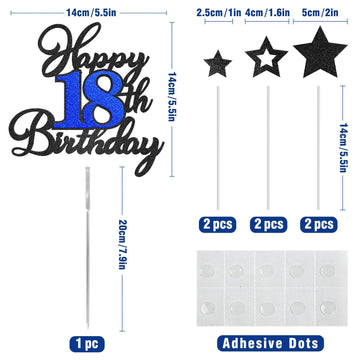 Happy 18Th Birthday Cake Toppers, Black Blue Glitter Cake Decorations Set, 18Th Birthday Decor, Birthday Anniversary Party Decor