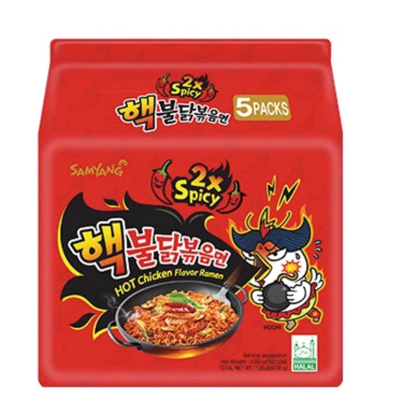 Samyang Buldak Spicy Ramen, Hot Chicken Ramen, Korean Stir-Fried Instant Noodle, 2X Spicy, 1 Bag With 5 Pack
