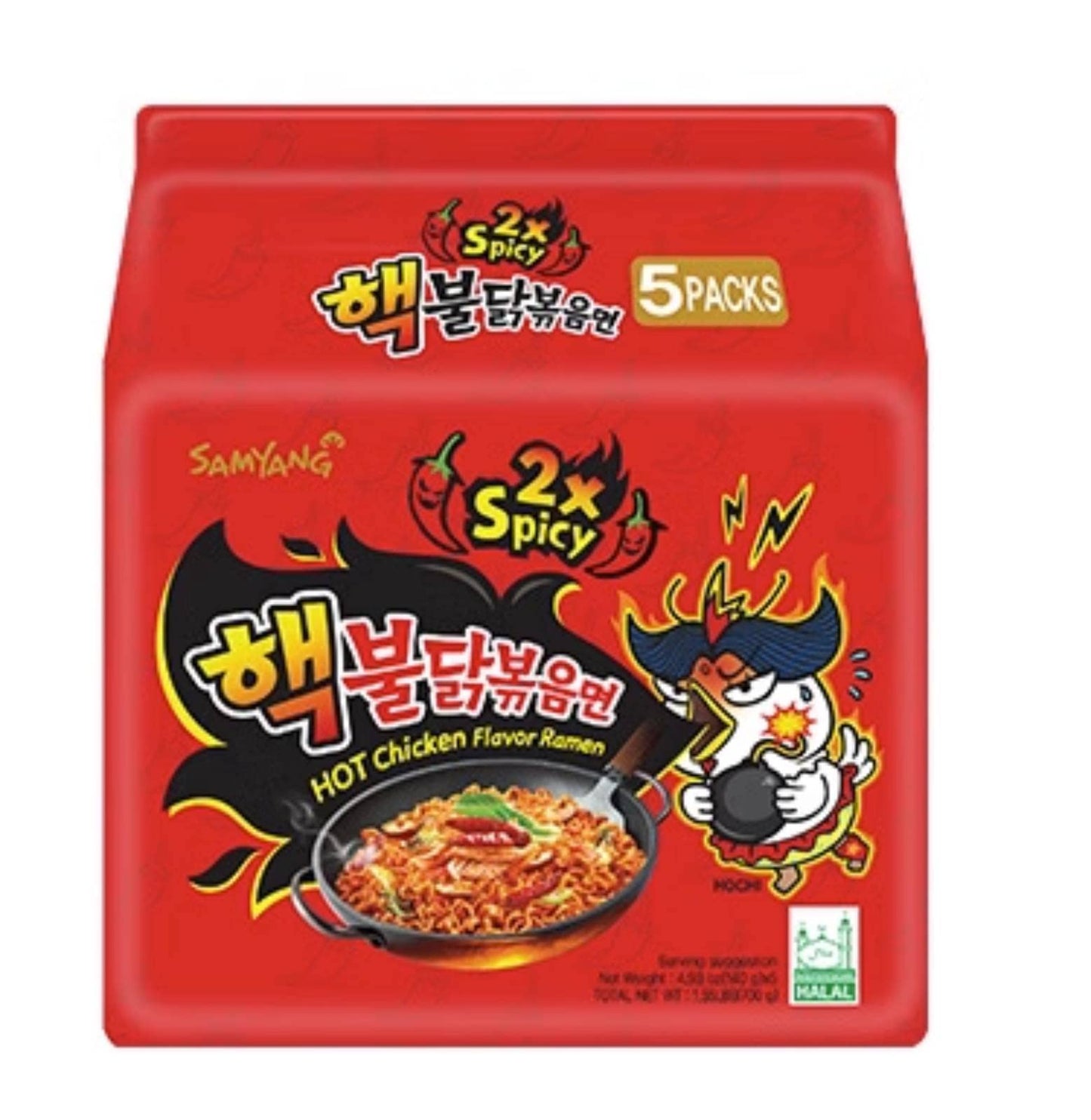 Samyang Buldak Spicy Ramen, Hot Chicken Ramen, Korean Stir-Fried Instant Noodle, 2X Spicy, 1 Bag With 5 Pack