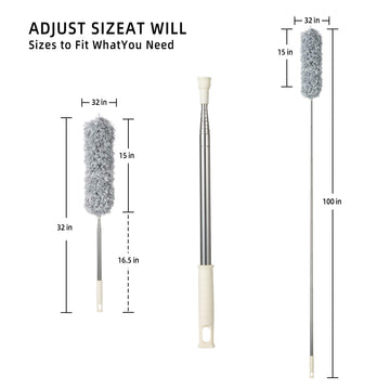 Microfiber Duster With Extension Pole,Washable Bendable Head Ceiling Fan Duster,15-100 Inch Wet Or Dry Dust Collect Telescoping