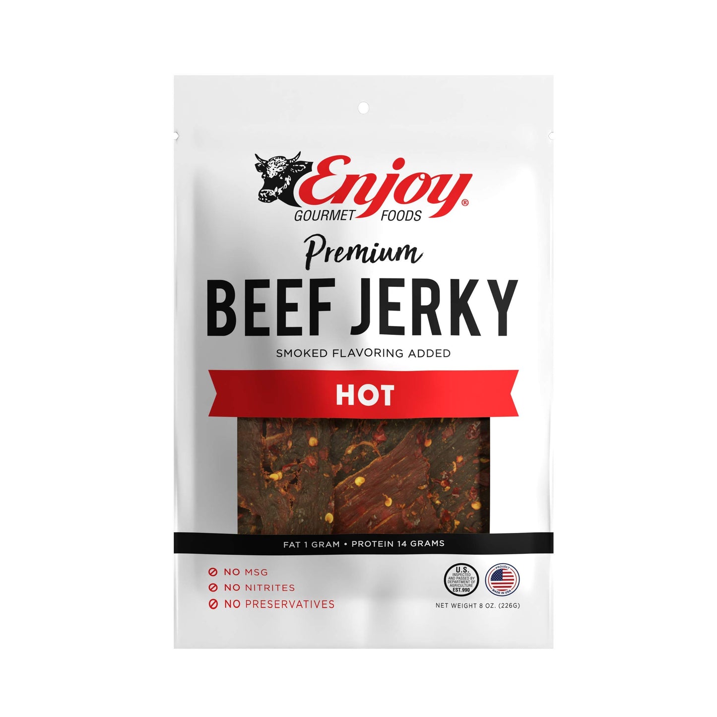 Enjoy Beef Jerky Hot | 8 Oz (Pack Of 1) | Traditional Style | Usa Made | High Protein | Low Fat | Zero Trans Fat | No Preservati