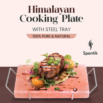Spantik Professional Salt Block Set With Steel Tray 12'' X 8'' X 1.5'' Himalayan Cooking Plate For Grilling, Cooking, Serving, 1