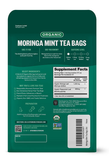 Fgo Organic Moringa Mint Tea, Eco-Conscious Tea Bags, 20 Count, Packaging May Vary (Pack Of 1)