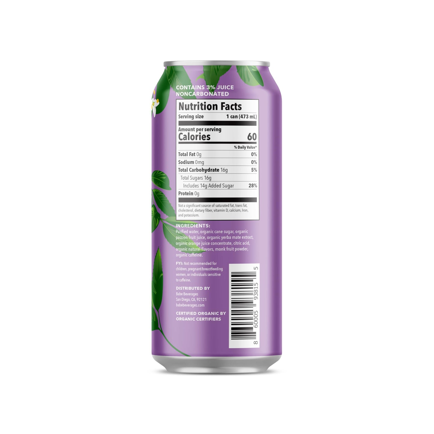 Babe Beverages Organic Yerba Mate Energy Drinks, 150mg Caffeine, Passion Fruit Orange Guava, 12x16oz Cans