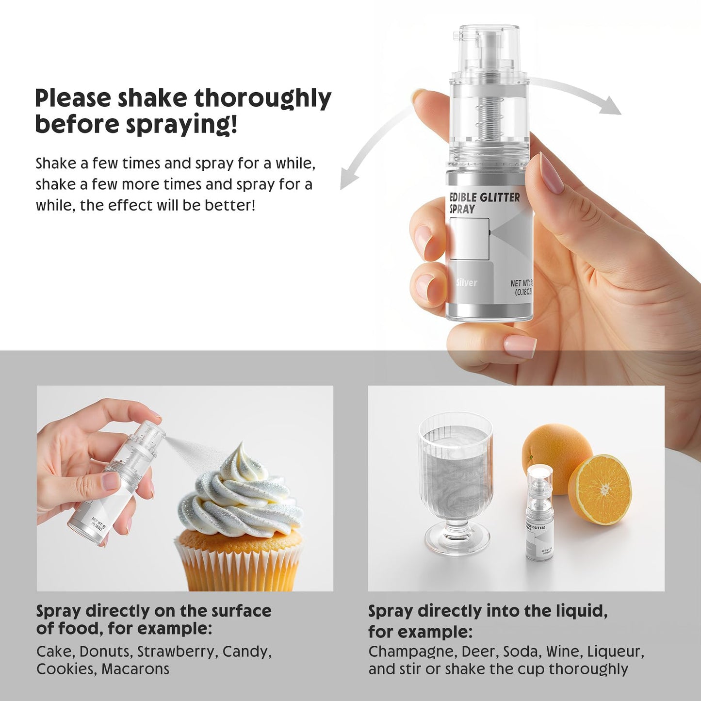 Edible Glitter Spray,Food Grade 5G Edible Glitter For Cake Decorating Desserts, Beverages, Cupcakes, Cake Pops And Cookies - Sil