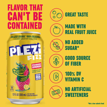 PLEZi FiZZ Strawberry Lemonade Sparkling Juice - Healthy Soda Alternative with Real Fruit Juice, No Added Sugar - Low Sugar Spar
