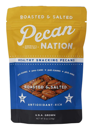 Pecan Nation Roasted & Salted Pecan Halves 8 oz., Natural, No preservatives, Antioxidant-Rich, Low Carb, Dry Roasted, Healthy Sn