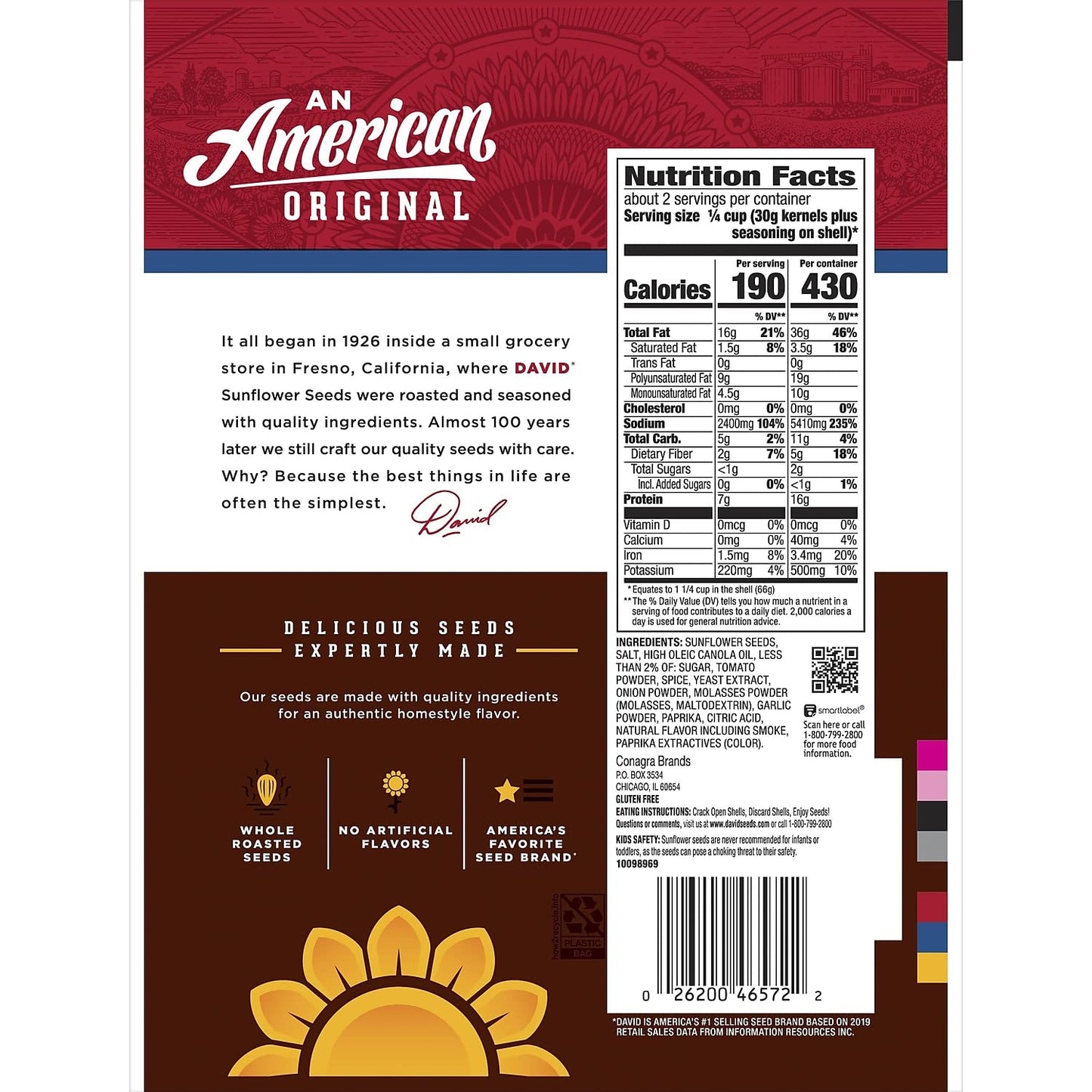 DAVID Roasted and Salted Bar-B-Q Jumbo Sunflower Seeds, 5.25 oz, 12 Pack