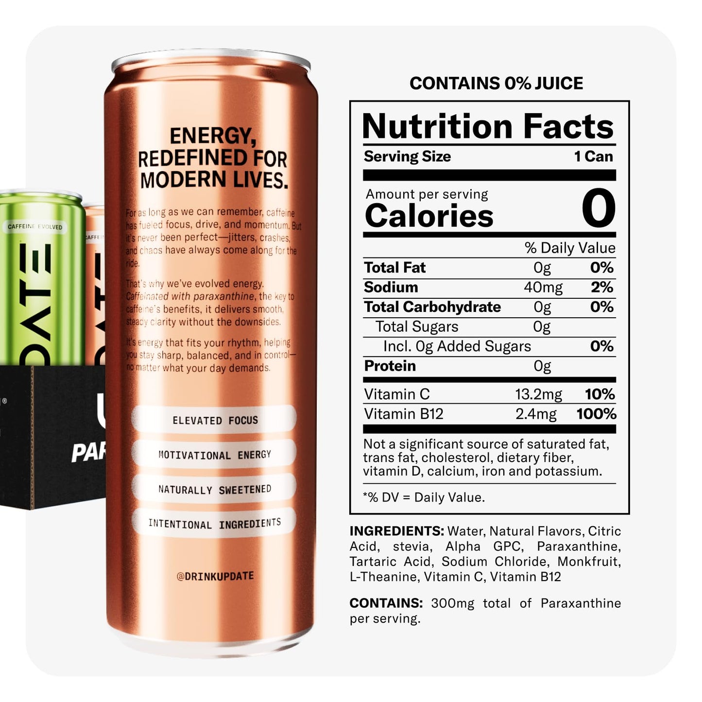 Drink Update Energy Drink with Paraxanthine - Jitter Free Crash Free No Overstimulation No Withdrawal - Caffeine and Sugar Free (Variety 12 Pack)
