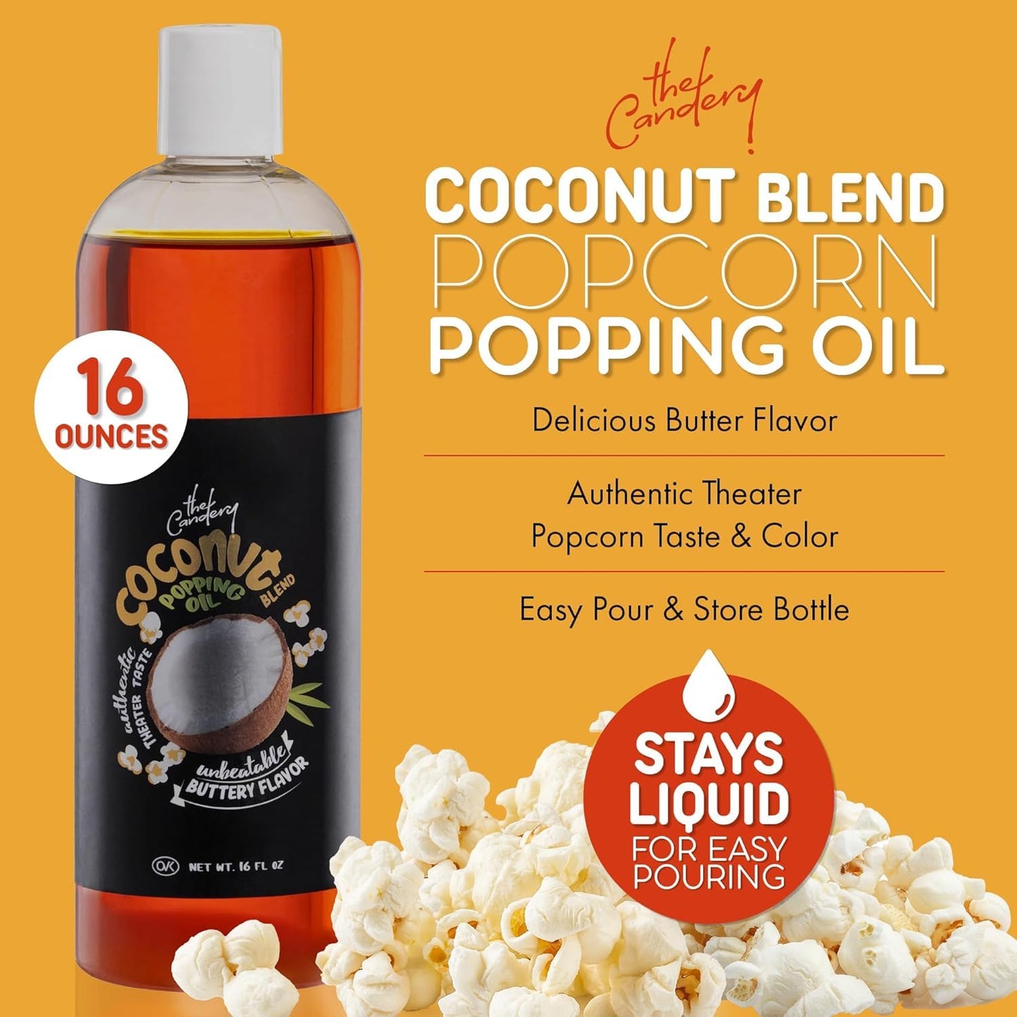 The Candery Coconut Popcorn Oil Soy Blend with Theater Butter Flavor - 4 Bottles (2 Topping & 2 Popping) - 72 oz Total