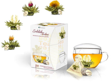 Creano Tea Gift Set Blooming Tea in Cup Size - 8 pcs Flowering White Tea with Glass Tea Cup - 7oz (200ml)