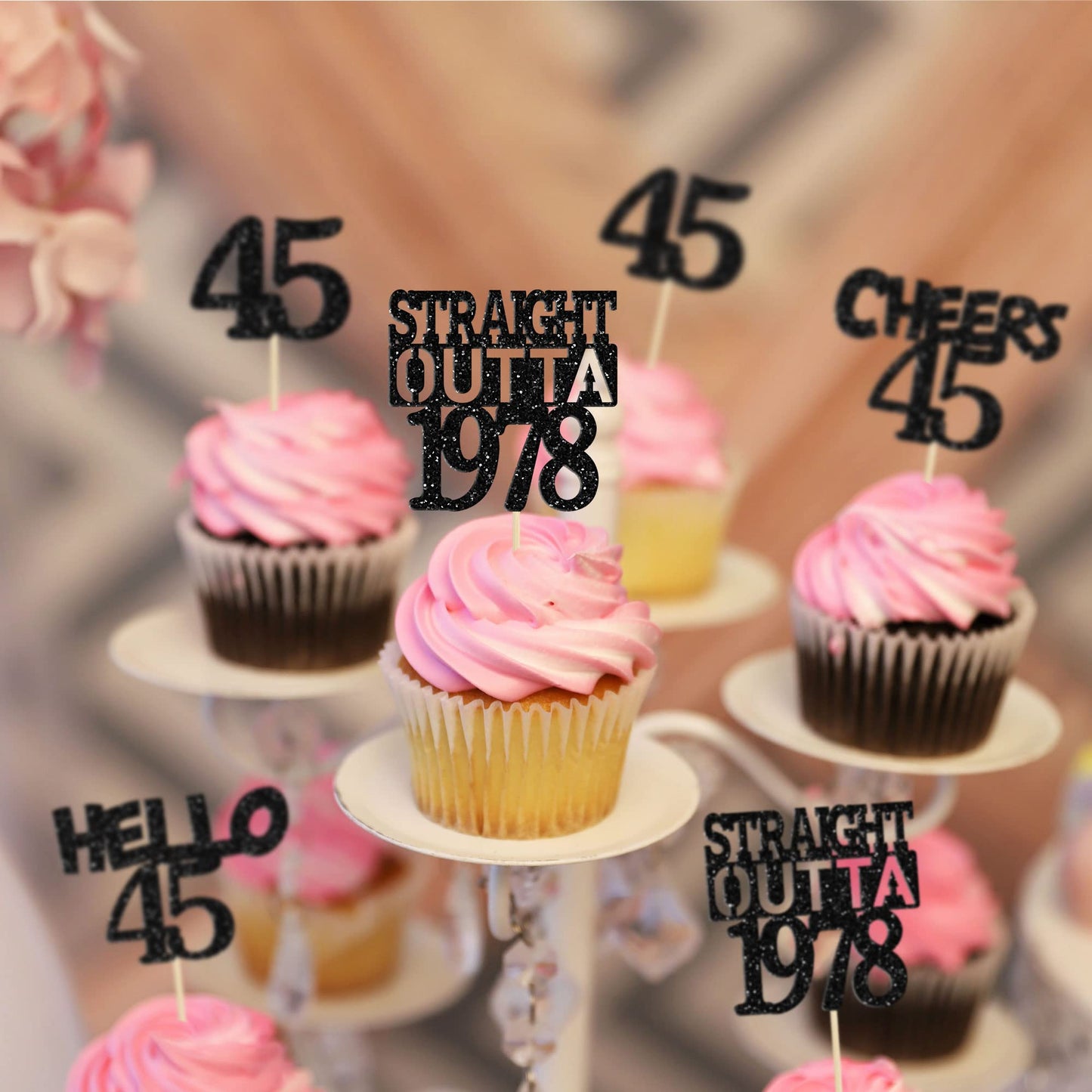 Gyufise 24Pcs Straight Outta 1978 Cupcake Toppers Glitter Forty-five Happy 45th Cupcake Picks Cheers to 45 Years Birthday Cake D