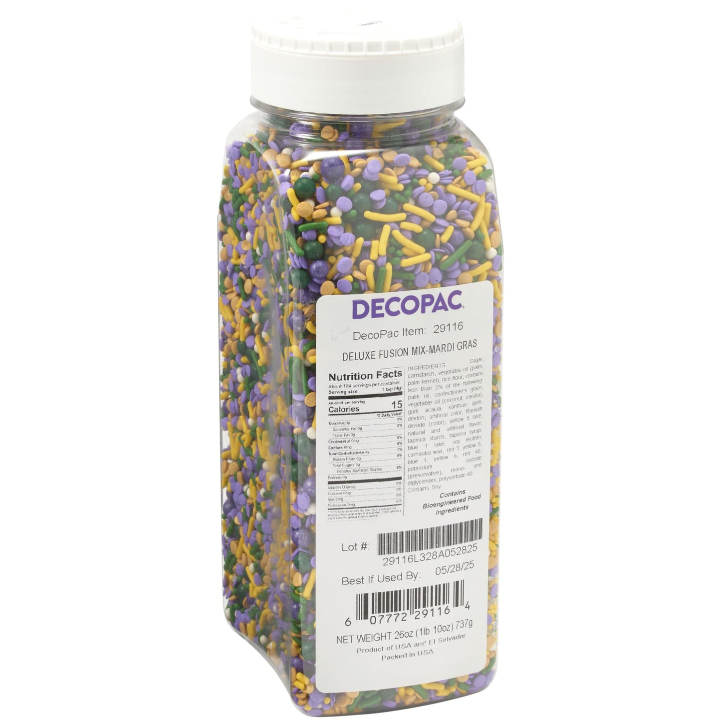 DECOPAC Mardi Gras Deluxe Fusion Mix Candy Sprinkles, 26oz, Edible Sprinkles in Handheld Container, Sugar Cake Decorations For C