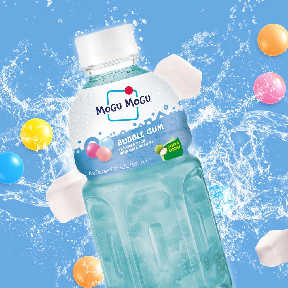 Mogu Mogu Drink Bubble Gum (6 Bottles) Delicious Drinks Made With Nata De Coco (Coconut Jelly). Fun Chewable Juice Boxes For Kid