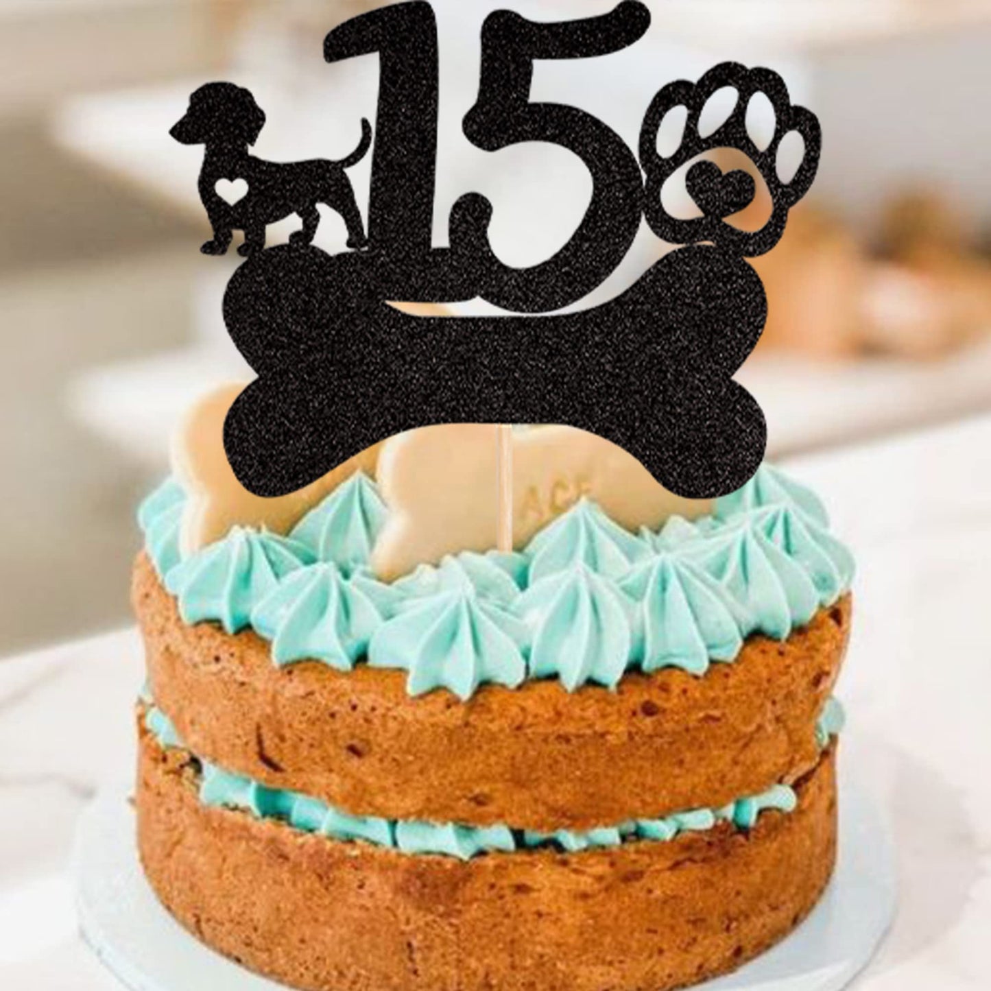 1 Pcs 15Th Birthday Cake Topper Black Glitter Dog Paw Fifteen Years Old Birthday Puppy Dog Bone Cake Pick For Let'S Pawty Baby S
