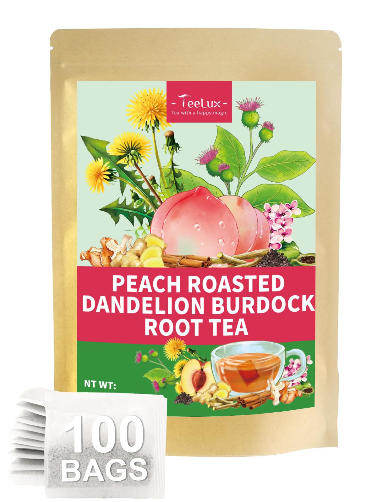 Teelux Peach Dandelion Burdock Root Tea Bags Sweet Cinnamon With Zesty Flavor Blendger & Toasty Roasted Dandelion Root Energy Blend Free 100 Count
