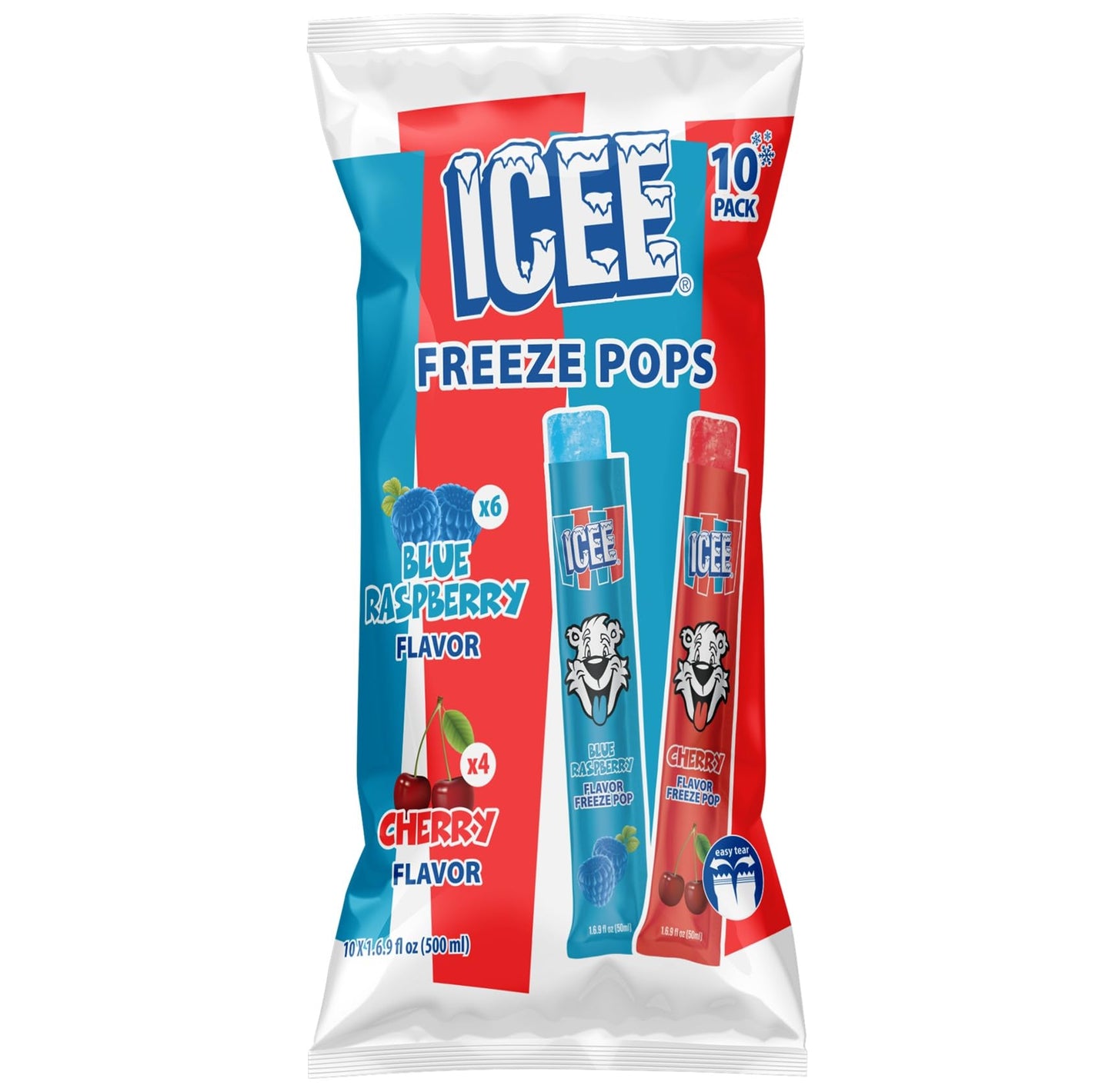 Icee Freeze Pops Variety Pack, Blue Raspberry & Cherry, 10 Individually Wrapped Pops, 1.69 Fl Oz Each