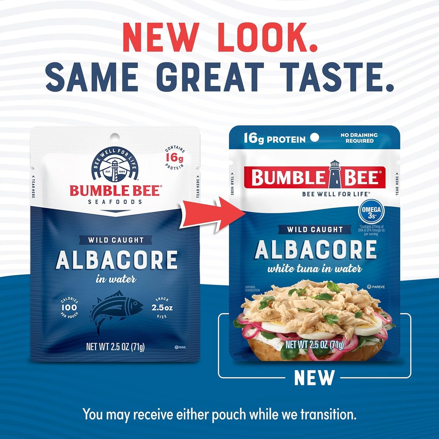 Bumble Bee Chunk White Albacore Tuna In Water, 2.5 Oz Pouch - Ready To Eat Wild Caught Tuna Packet - 16G Protein Per Serving, High In Omega-3S - Non-Gmo, Gluten Free, Kosher