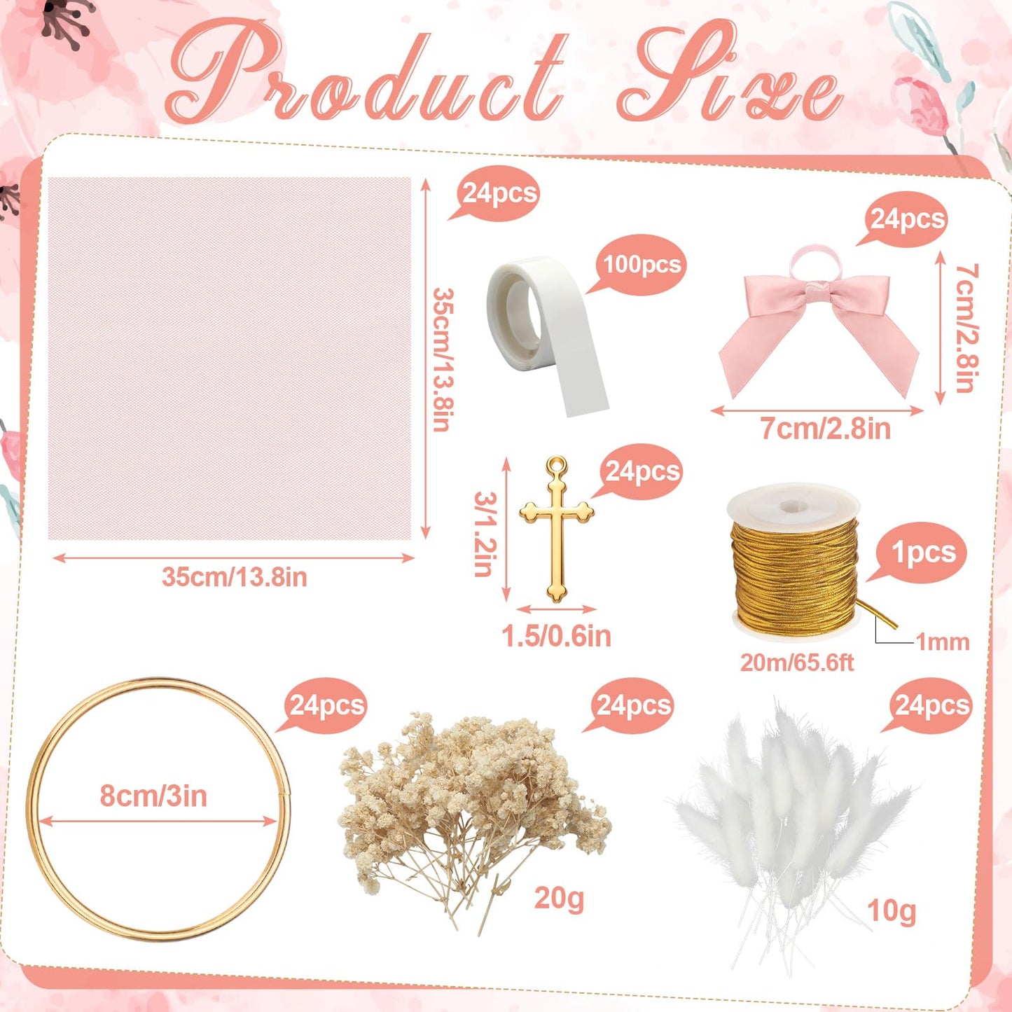 Geelin 24 Set Baptism Almond Candy Favors Christening Tulle Bags Rings Ribbion DIY Party Candy Bags First Communion Favors for G