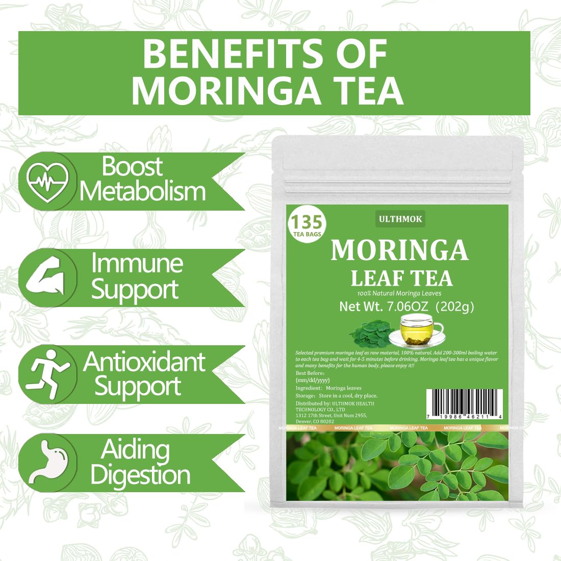 Premium Moringa Tea,135 Tea Bags/7.15Oz,100% Pure Moringa Leaves,Natural & No Additives.