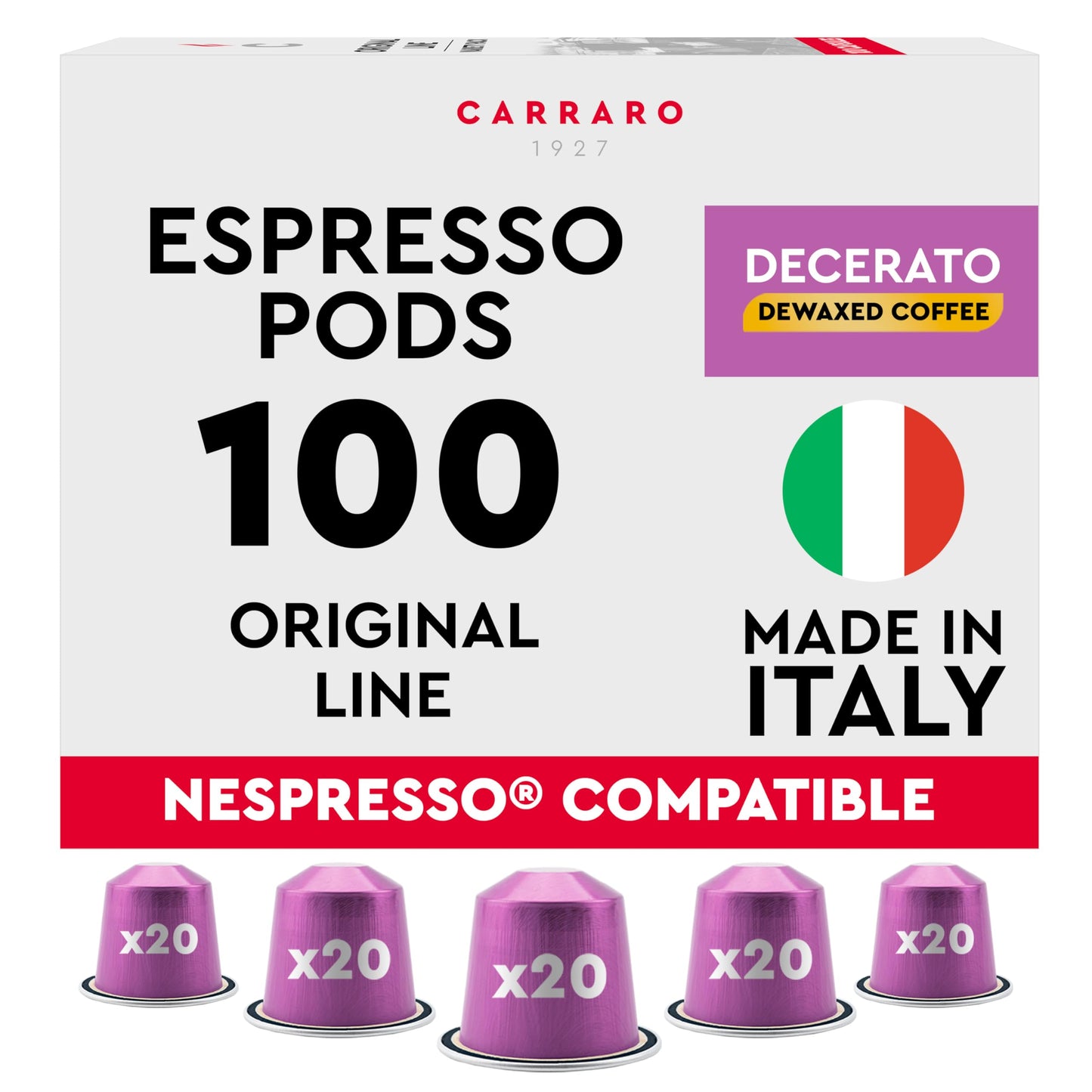 Carraro 1927 Decerato - 100 Aluminum Espresso Pods Compatible With Nespresso Oriflavor Blendal Line - Dewaxed Wellness Low Acidity More Digestible Intense Aroma Medium Roast Espresso Units Made In Italy