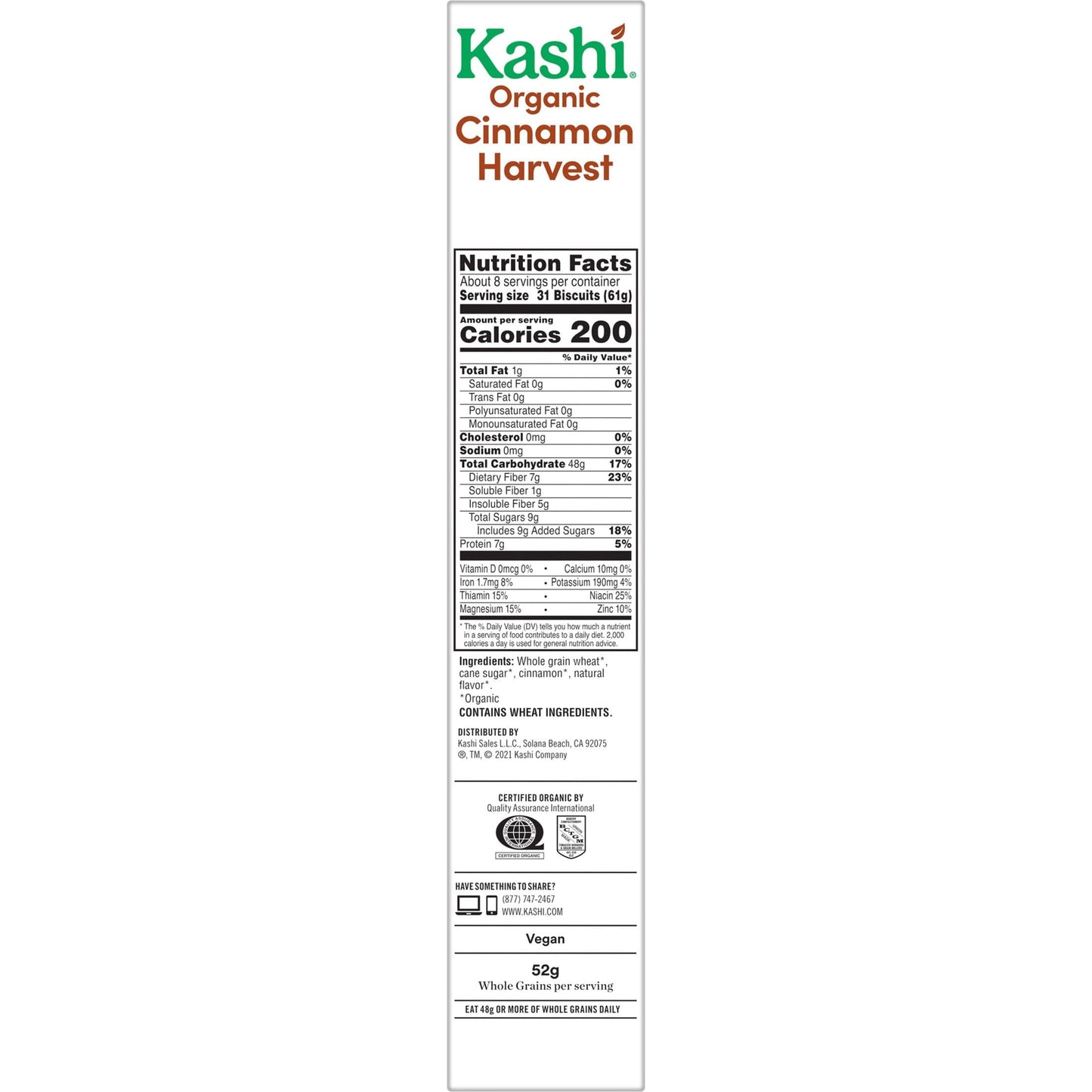 Kashi Cold Breakfast Cereal, Vegan, Organic Fiber Cereal, Cinnamon Harvest, 16.3oz Box (1 Box)