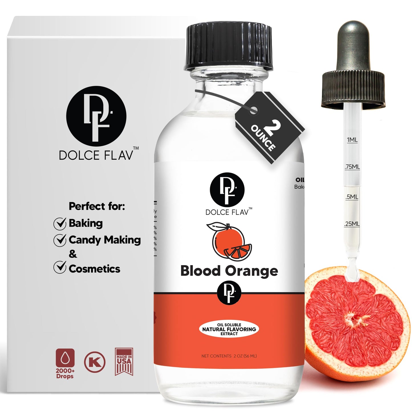 Dolce Flav Natural Blood Orange Extract - 2 Ounce Oil-Soluble Kosher Sugar-Free Concentrated Rich Citrus Flavoring For Baking Chocolates & Desserts Includes Measured Dropper