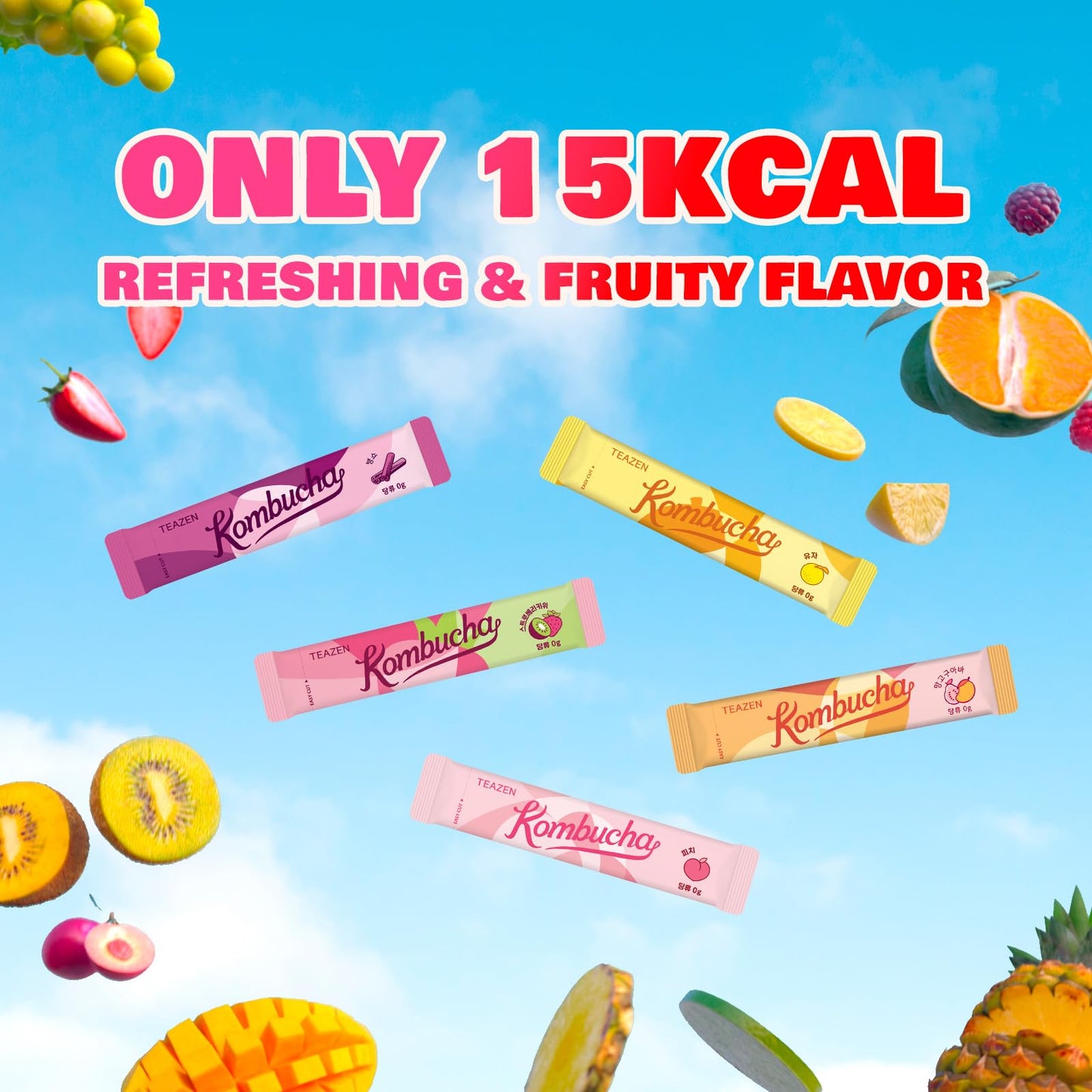 TEAZEN Kombucha Tea Variety Pack - 20 Sticks, 5 Flavors: Peach, Mango-Guava, Strawberry-Kiwi, Citron, Mulled Wine