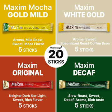 Cutie Mango Instant Coffee Mix Packets Single Serve - Korean Variety Coffee Sampler 20 Sticks Of 4 Different Flavors, Maxim Whit