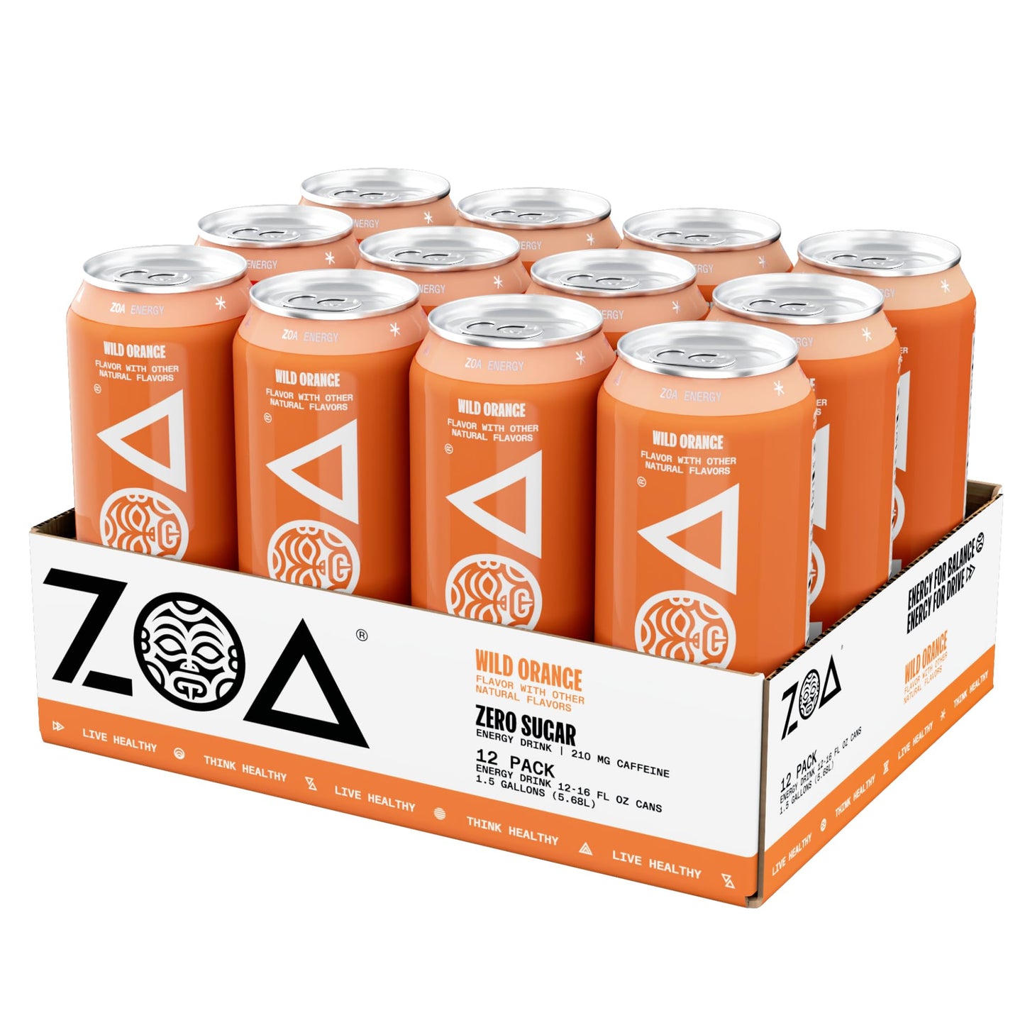 ZOA Zero Sugar Energy Drinks, Wild Orange, Sugar Free, Electrolytes, 16 Fl Oz (12-Pack)