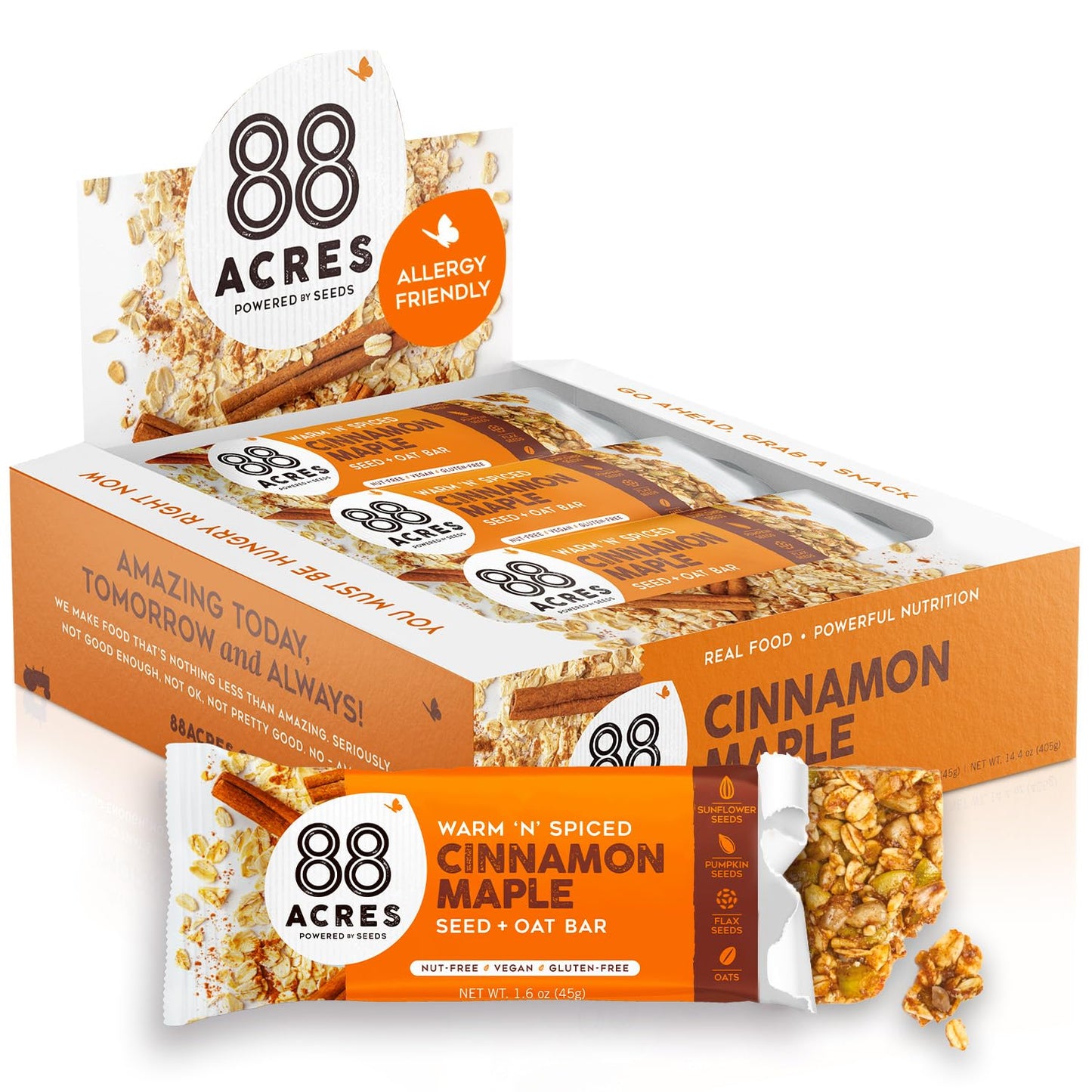 88 Acres Granola Bars | Cinnamon Maple | Gluten Free, Nut-Free Oat And Seed Snack Bar | Vegan & Non Gmo | 12 Pack