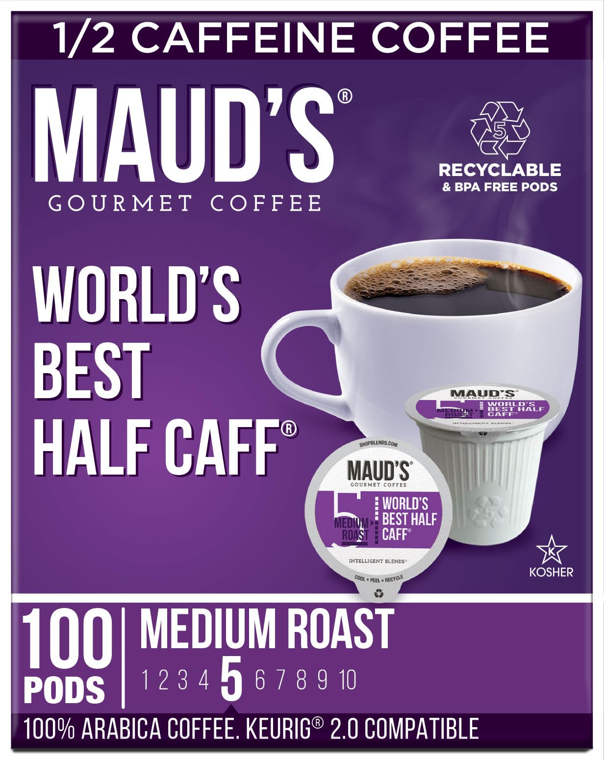 MaudS Half Caff Coffee Pods 100 Ct | WorldS Best Half Caff | 100% Arabica Medium Roast Coffee | Solar Energy Produced Recyclable Single Serve Coffee Pods Compatible With Keurig K-Cup Beverage Makers