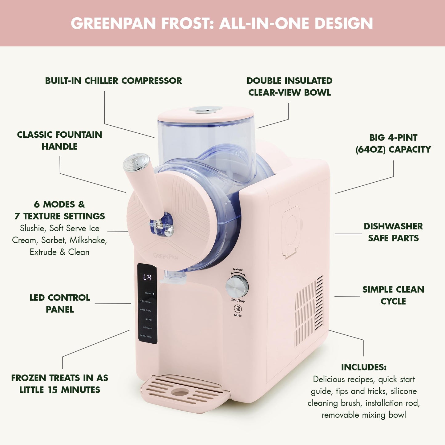 GreenPan Frost Ice Cream Machine & Frozen Drink Maker, Soft Serve, Slushie, Milkshakes & Cocktails, No Freezer Needed, 15-in-1,