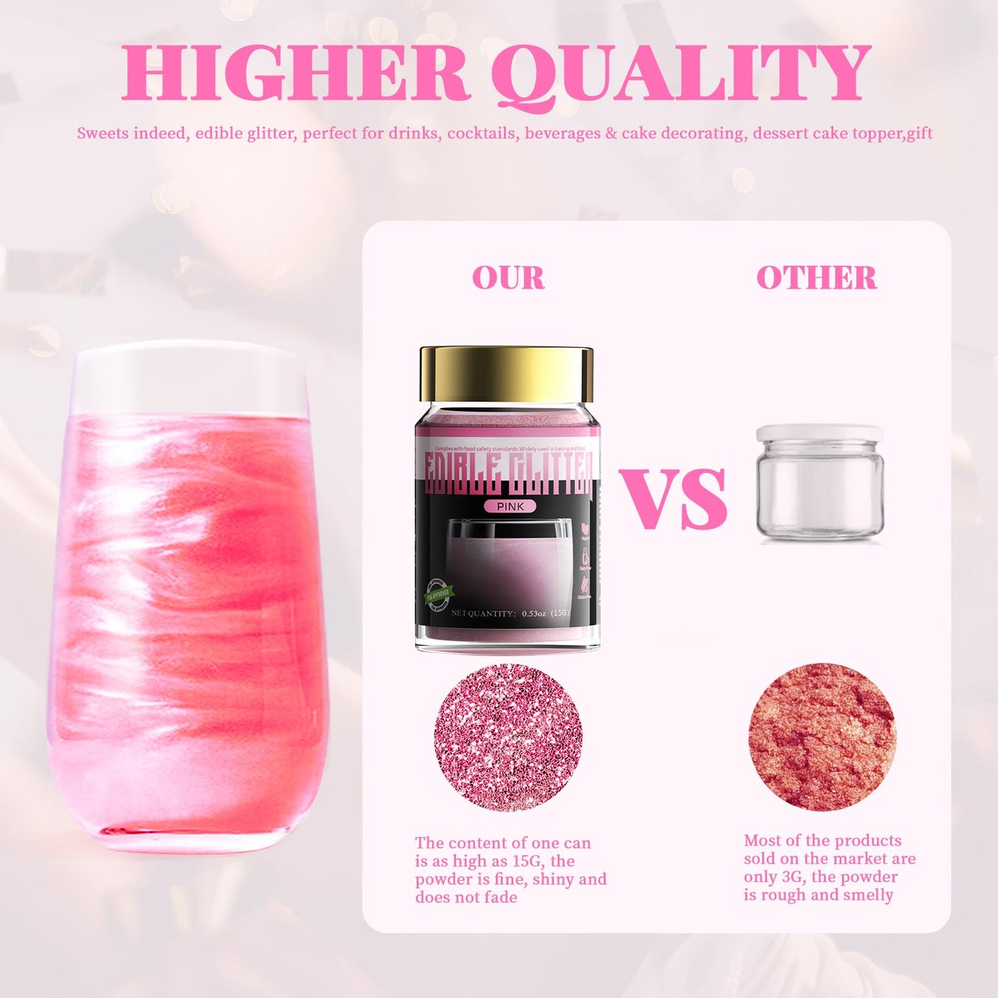 LOCDO Edible Glitter, Food Grade Luster Dust, Vegan, Allergen-Free, Large 15G, Pink
