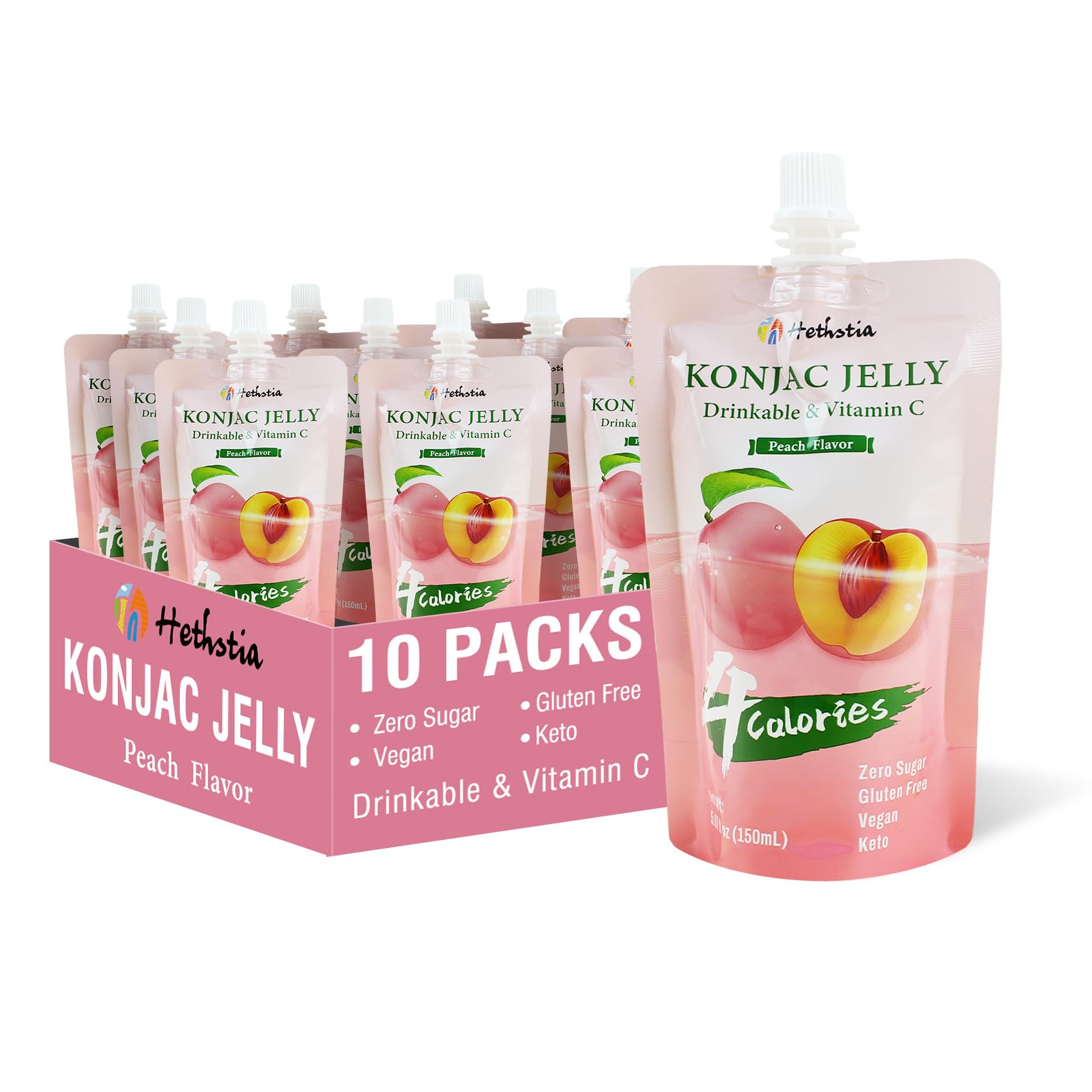 Hethstia Konjac Jelly Peach Flavor Squeeze Pouch, 4 Calories Healthy Drinkable Fruit Sweet Snacks, 10 Packs, 0 Sugar, Keto, Vega