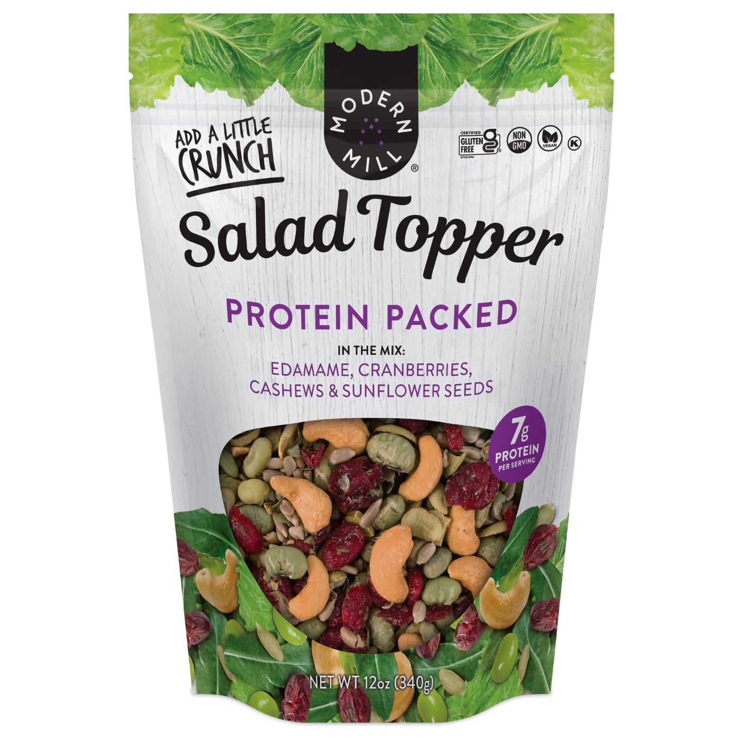Modern Mill Protein Packed Salad Topper By Gourmet Nut - Mixed Nuts (Roasted Cashews), Dried Cranberries & Edamame & Sunflower Seeds - Gluten Free, Low Sodium, Kosher, Plant Protein Snack, 12Oz. Bag