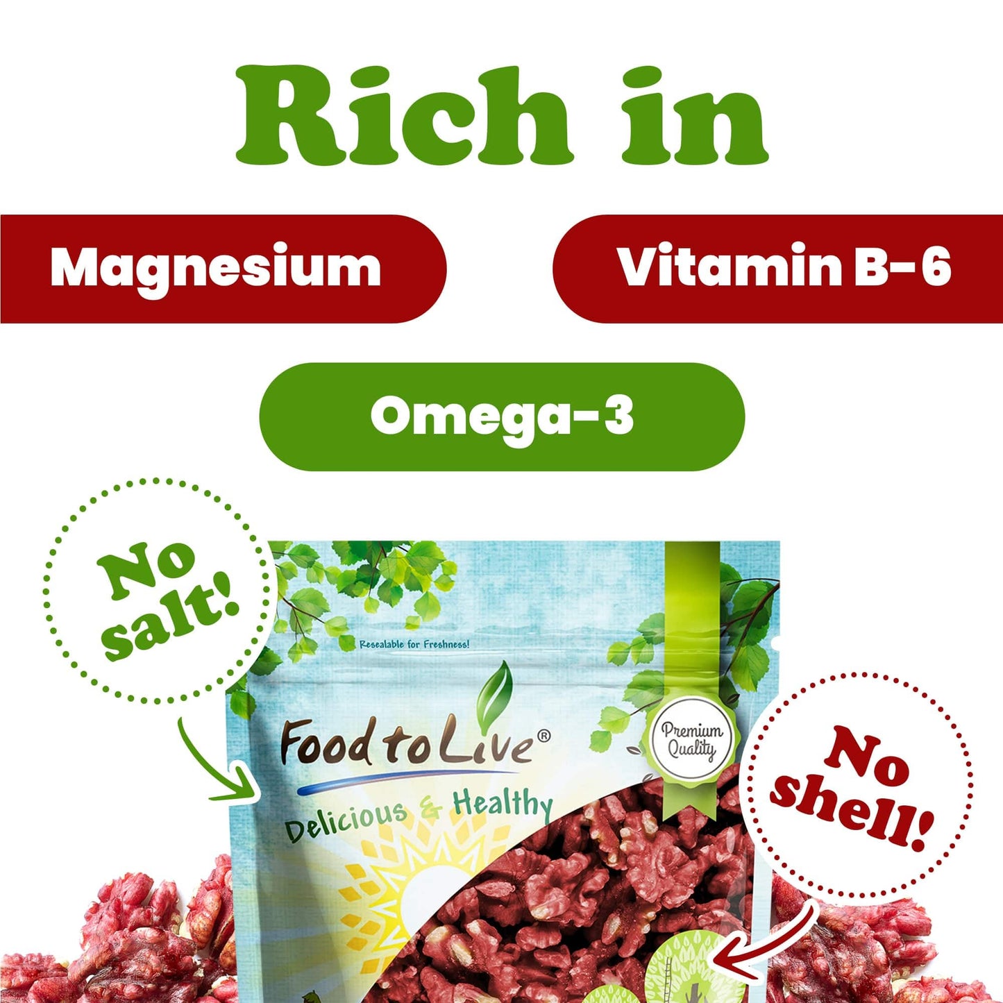 Food To Live - California Livermore Red Walnuts, 8 Ounces Raw, No Shell, Kosher, Unsalted, Natural, Sirtfood, Bulk