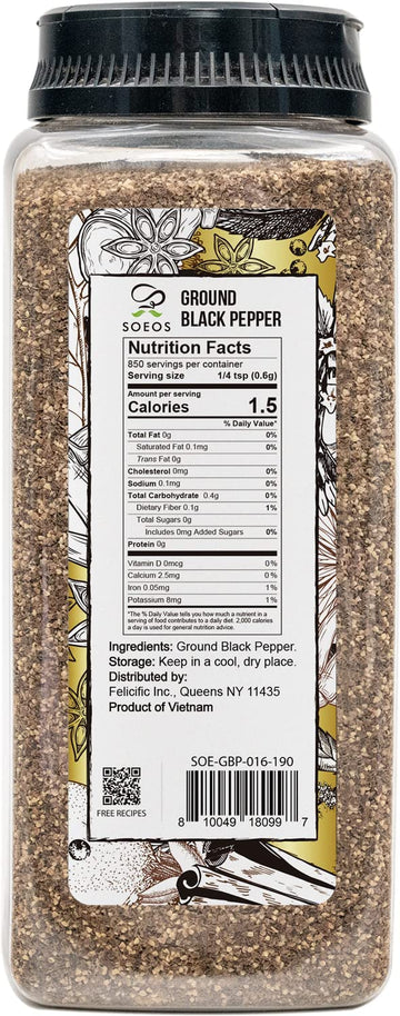 Soeos Table Ground Black Pepper, 18 oz (510g) Non-GMO, Freshly Peppercorn Powder Bulk, Packed to Keep Peppers Fresh, Ready to Us