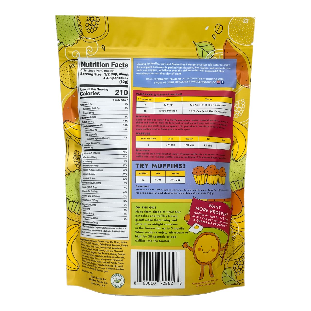 Hidden Foods Homestyle Gluten Free Protein Pancake Mix Oats, Fruit & Veggie Blend No Sugar Added Contains Milk Monk Fruit Sweete