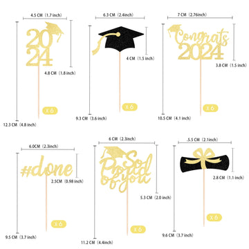 Gexolenu 36 Pcs Class Of 2024 Graduation Cupcake Toppers, Gold Glitter Double-Sided Grad Cap Cake Toppers For Graduation Party S