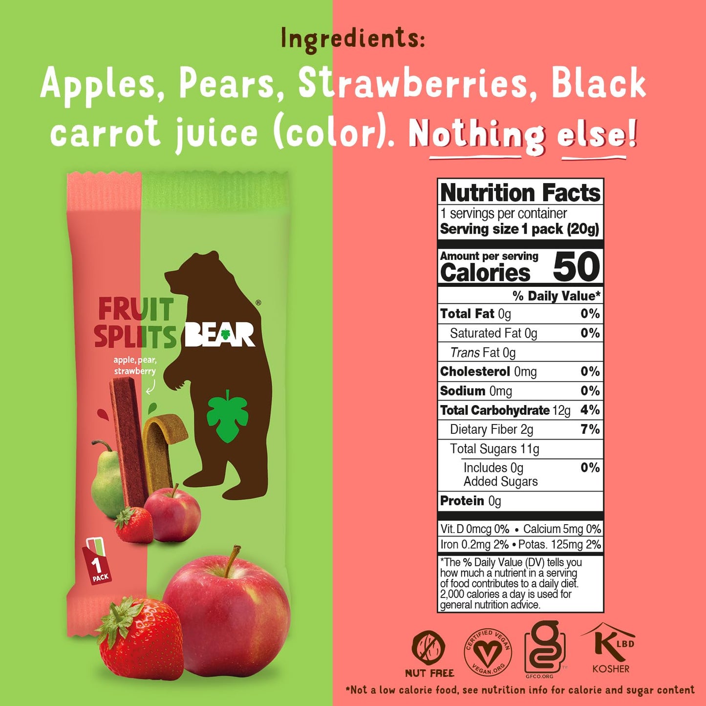 BEAR Real Fruit Snack Splits - Gluten Free, Vegan, and Non-GMO - Apple and Strawberry - Healthy School And Lunch Snacks For Kids
