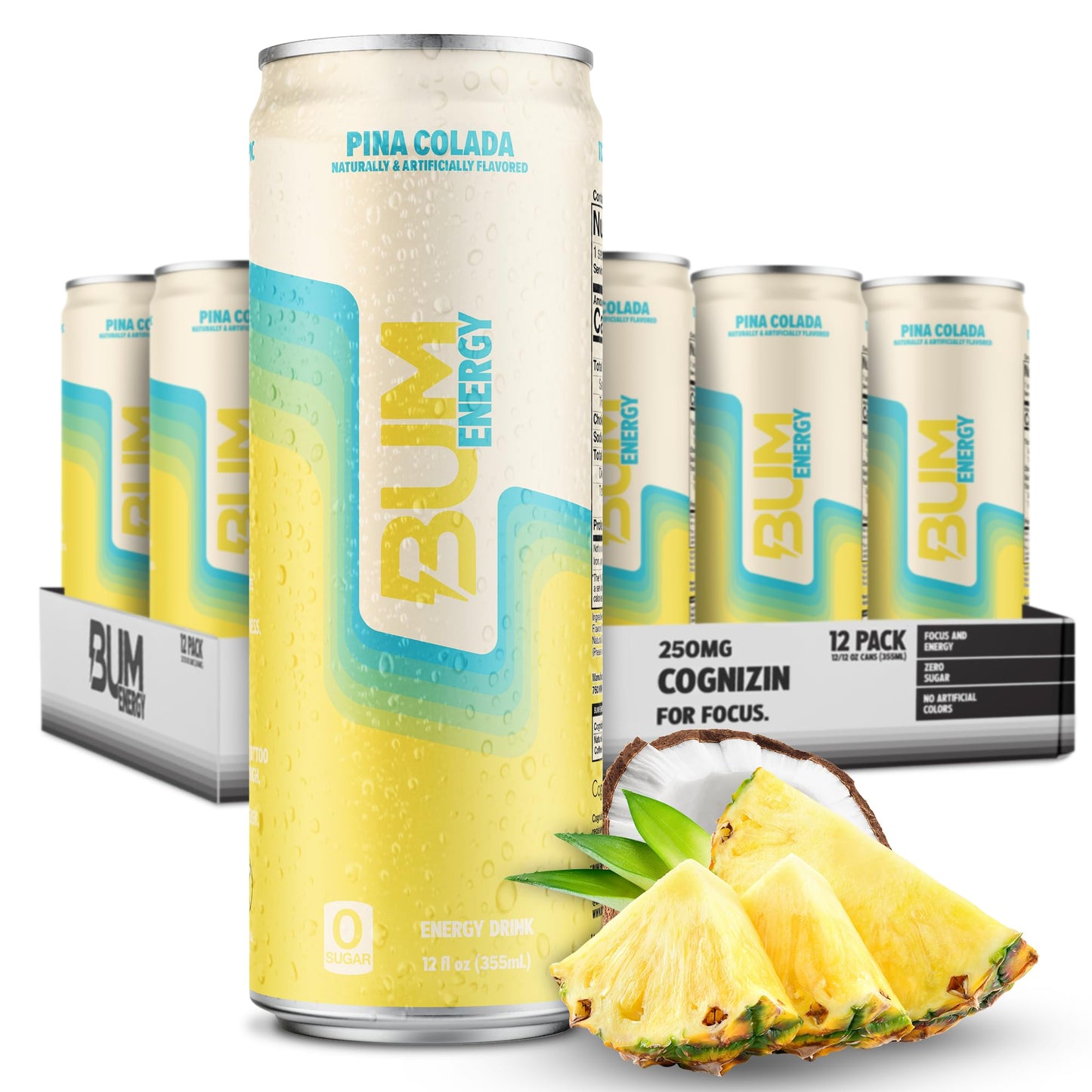 Bum Sugar-Free Energy Drink Pina Colada - Lightly Carbonated & No Artificial Colors Natural Energy Blend & Citicoline For Energy & Focus Brain Boost & Workout Sports Beverage - 12 Oz Pack Of 12