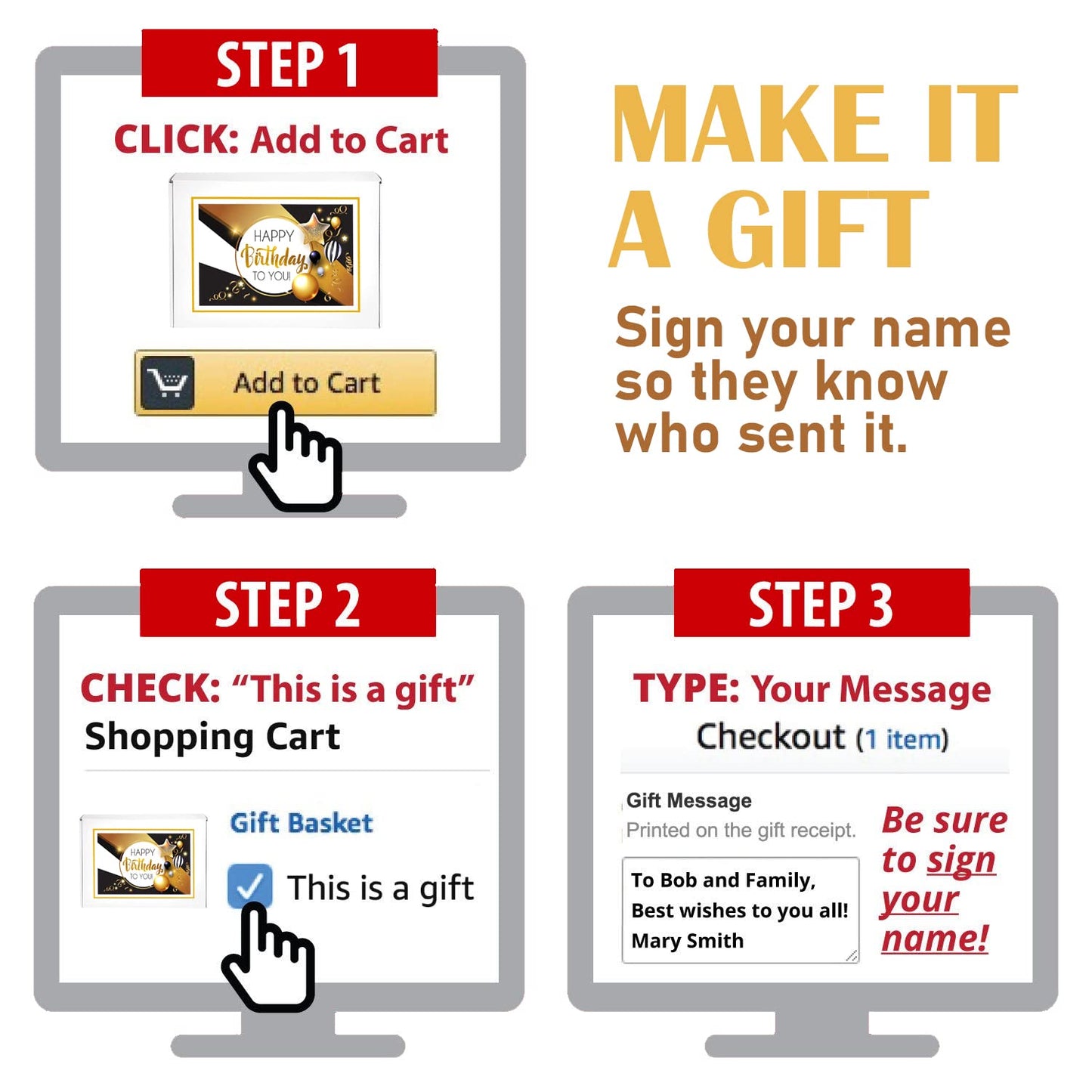 Happy Birthday Cookies 6 PACK Gift Basket Gold for Men Women Kids | Gourmet Decorated Sugar Cookie Gift Box | Individually Wrapp