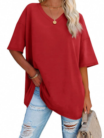 Ebifin Womens Oversized T Shirts Tees Half Sleeve V Neck Comfy Cozy Cotton Tunic Tops