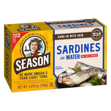 Season Sardines In Water - No Salt Added, Wild Caught, 22G Of Protein, Keto Snacks, More Omega 3'S Than Tuna, Kosher, High In Calcium, Canned Sardines - 4.37 Oz Tins, 12-Pack