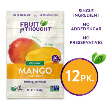 Fruit For Thought Organic Dried Mango Snack Packs, No Sugar Added, 1 Ounce Bags, Pack of 12