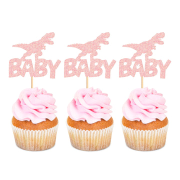 Ercadio 24 Pack Dinosaur Baby Cupcake Toppers Pink Glitter Dinosaur Baby Cupcake Picks Little Dino Baby Cupcake Picks For Dinosa