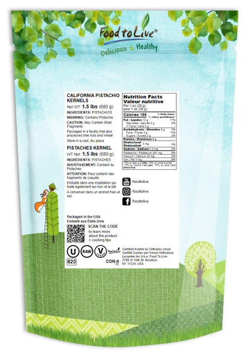 Food To Live No Shell Pistachios, 1.5 Pounds – Unsalted, Kernels, Sirtfood, Bulk. Pistachios Individual Packs. Wonderful Keto And Paleo Snack